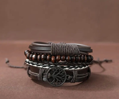 4 pcs/Set Braided Wrap Leather- Vintage,Life Tree, Rudder Charm, Wood Beads Wrist Black Brown- Men’s or Women’s