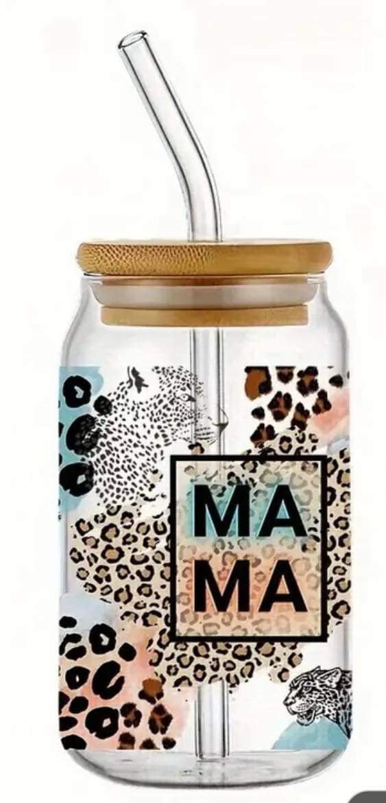 MAMA Cheetah Print-Frosted 16oz Glass Tumbler