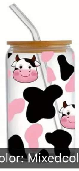 Cute Cows with Pink and Black Cow Print -Rainbow Shimmer Colorful Haze Glass Tumbler (Green)