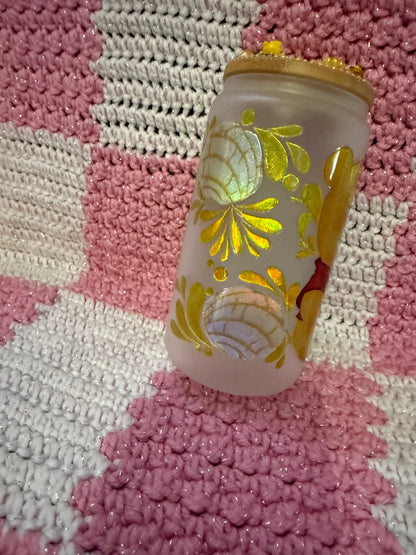 Winnie the Pooh 16 oz Frosted Glass￼ Cup with Holographic Design and decorative lid topper