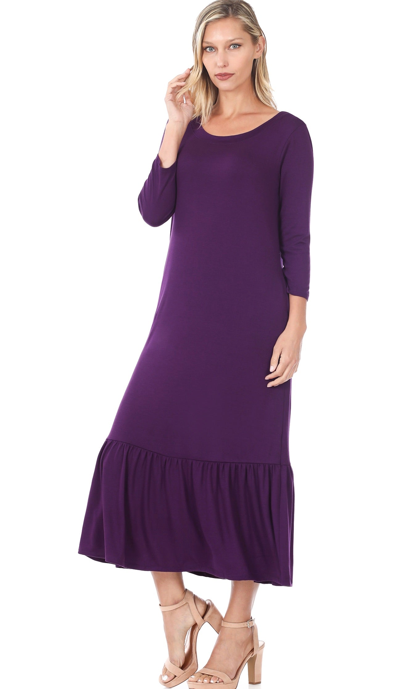 ZENANA 3/4 SLEEVE RUFFLE HEM MAXI DRESS WITH POCKETS DK PURPLE