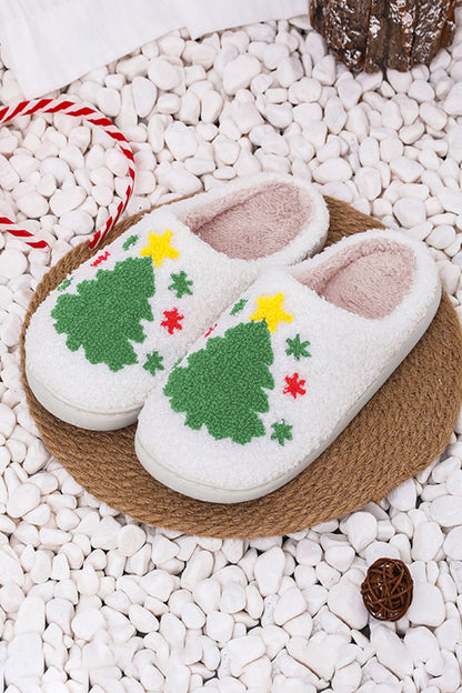 White Fuzzy Christmas Tree Pattern Home Slippers