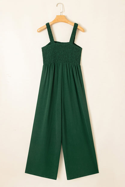 Black Smocked Sleeveless Wide Leg Jumpsuit with Pockets