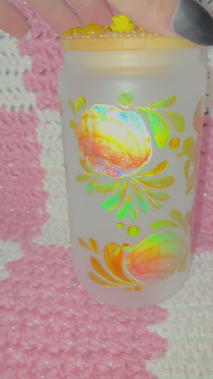 Winnie the Pooh 16 oz Frosted Glass￼ Cup with Holographic Design and decorative lid topper