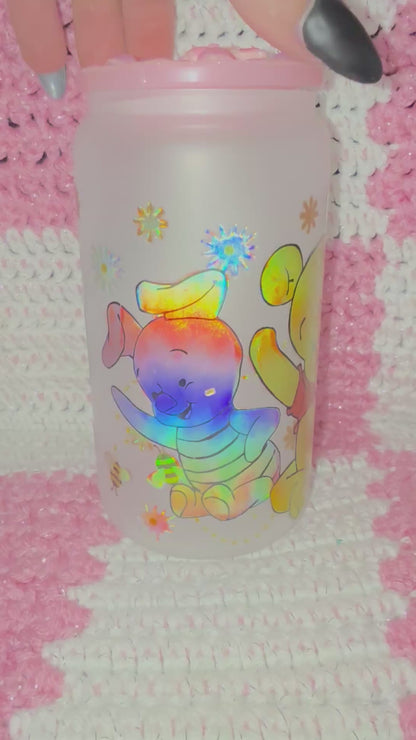 Winnie the Pooh Characters 16 oz Frosted Glass Cup with Holographic Design and decorative lid topper