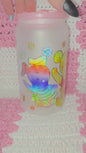 Winnie the Pooh Characters 16 oz Frosted Glass Cup with Holographic Design and decorative lid topper
