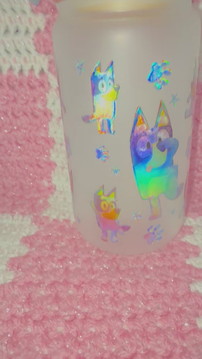 Bluey 16 oz Frosted Glass Cup with Holographic Design