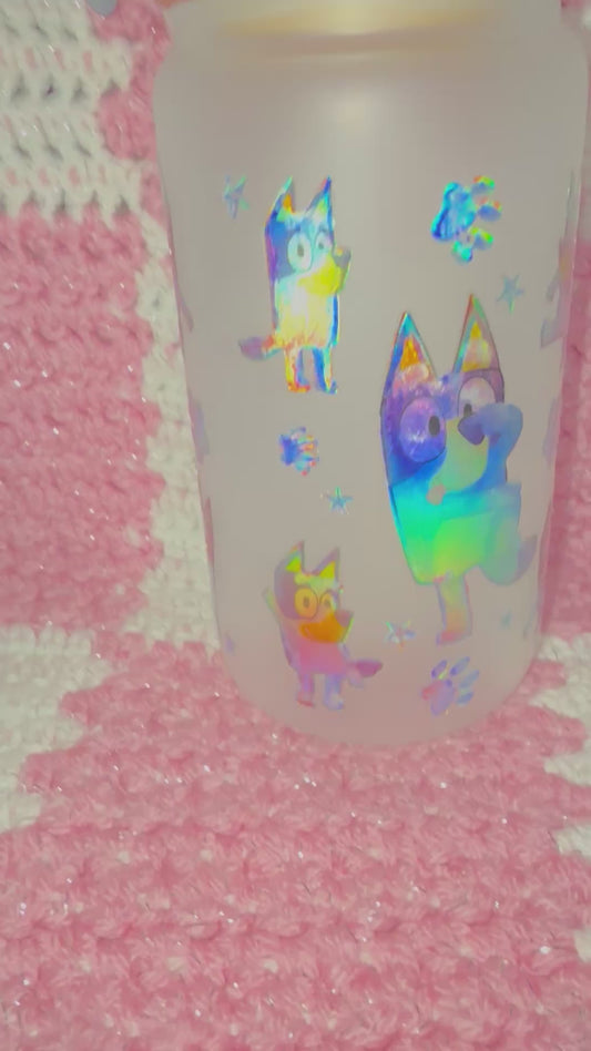 Bluey 16 oz Frosted Glass Cup with Holographic Design