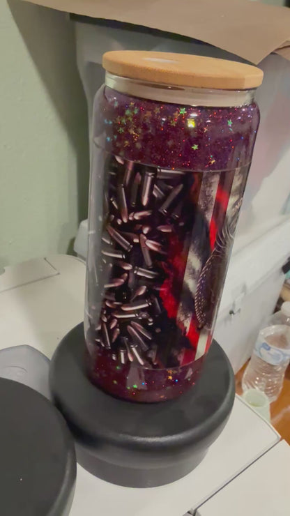 2nd Amendment bullets and Eagles, red lid red blue, and stars Glitter Snowglobe Tumbler