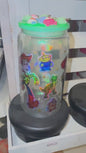 Toy Story Inspired 16 oz green shimmer Glass Cup with Holographic Design with decorative lid topper