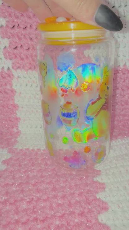 Winnie the Pooh Friends Forever 16 oz Glass Cup with Holographic Design with decorative lid topper
