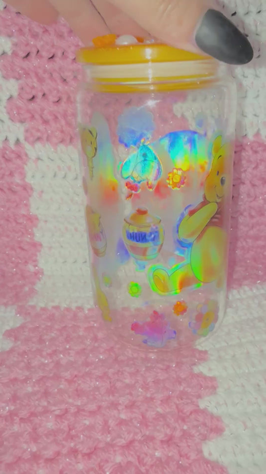Winnie the Pooh Friends Forever 16 oz Glass Cup with Holographic Design with decorative lid topper