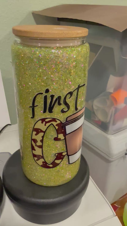 first we drink COFFEE Chunky Green Yellow Glitter Snowglobe Tumbler