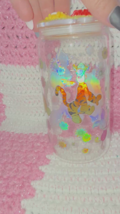Winnie the Pooh Character Themed 16 oz Glass Cup with Holographic Design with decorative lid topper