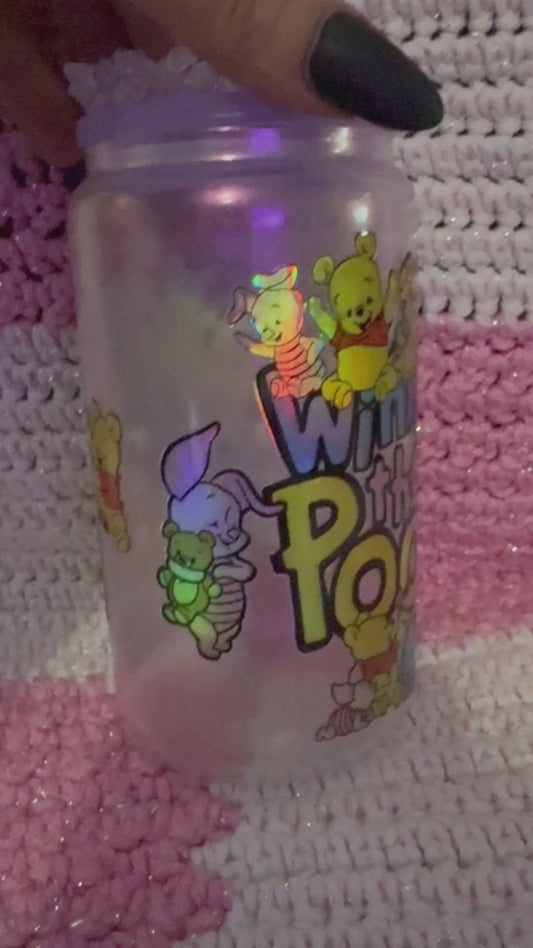 Winnie the Pooh Character Themed 16 oz Pink Glass Cup with Holographic Design with decorative lid topper