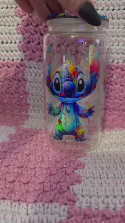 Stitch splatter paint 16 oz Glass Cup with Holographic Design with decorative lid topper