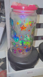 Care Bear Inspired 16 oz Pink Glass Cup with Holographic Design with decorative lid topper