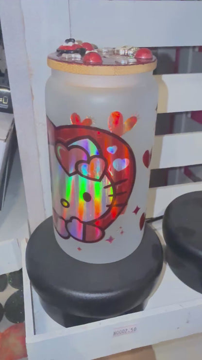 Hello Kitty 16 oz Frosted Glass Cup with Holographic Design with decorative lid topper
