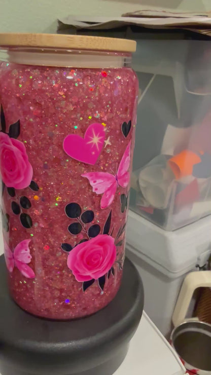 Baby Highland Cow roses, butterfly, hearts, black Pink Chunky Glitter Snowglobe Tumbler