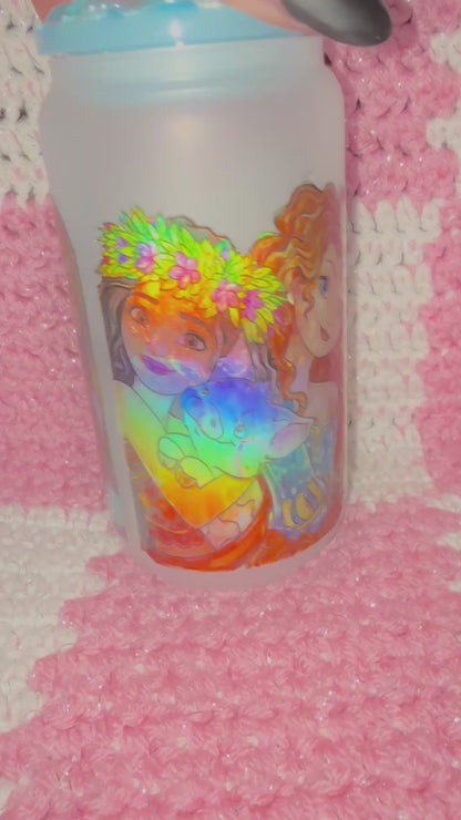 Disney Princess 16 oz Frosted Glass Cup with Holographic Design with decorative lid topper