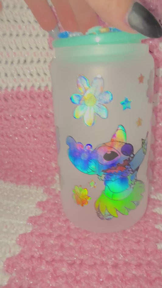 Lilo and stitch 16 oz Frosted Glass Cup with Holographic Design and decorative lid topper ￼