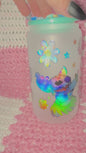 Lilo and stitch 16 oz Frosted Glass Cup with Holographic Design and decorative lid topper ￼