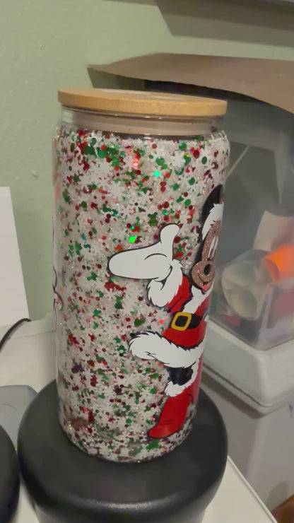 Mickey and Minnie Christmas, snowflake, red and green Glitter Snowglobe Tumbler