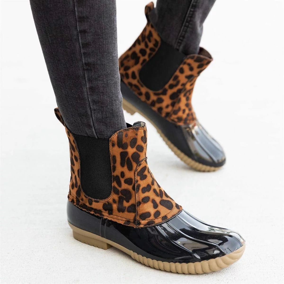 Leopard Print Rubber Slip On Ankle Boots