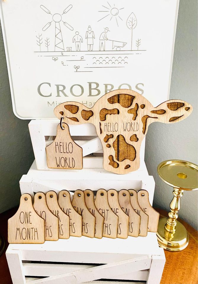 13 Piece Wood Cow Head w/Ear Tag Baby Milestone Set